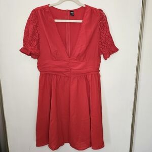 Red Lace-Sleeve V-Neck Women’s Dress
